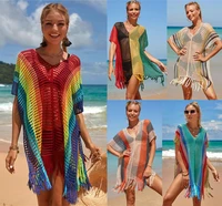 raiinbow striped crochet tunic sexy hollow out bikini cover ups tassel mesh beach dress women beach wear swim suit cover up