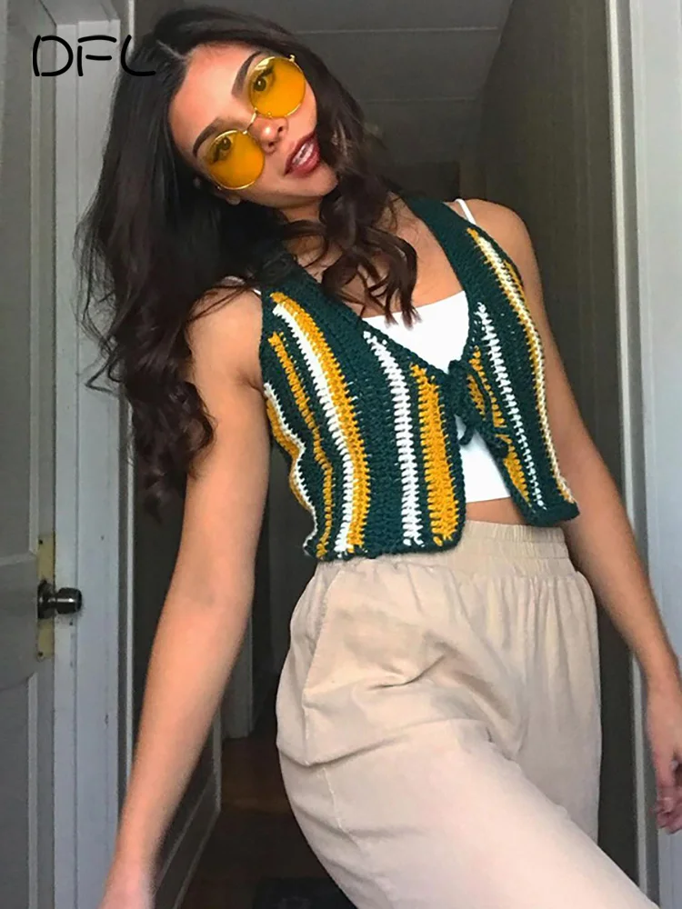 

DFLlifes Striped Bandage Tank Contrast Cardigan Woman Clothes Crop Top Summer Sexy Short Women's Tanks and Camis Tops Femme 2022