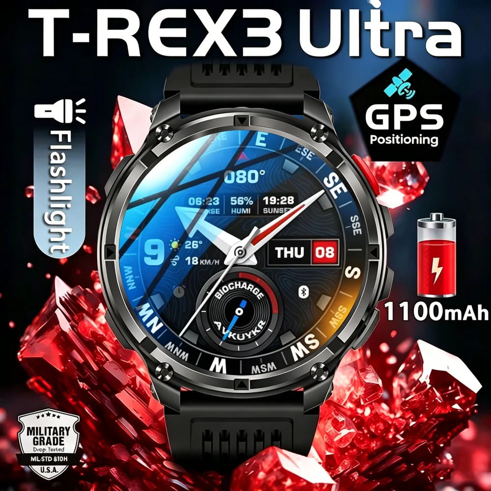 Фото Смарт-часы 2026 T-Rex3 Ultra с аккумулятором 1100 мАч, 170+ спортивных режимов, фитнес-трекер, LED-фонарик, водонепроницаемость IP68, Bluetooth-звонки, GPS-трекинг, компас №1