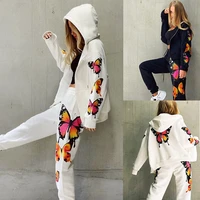 womens suits 2022 autumn and winter butterfly print suits long sleeved hooded zipper suits casual sweater two piece suit women
