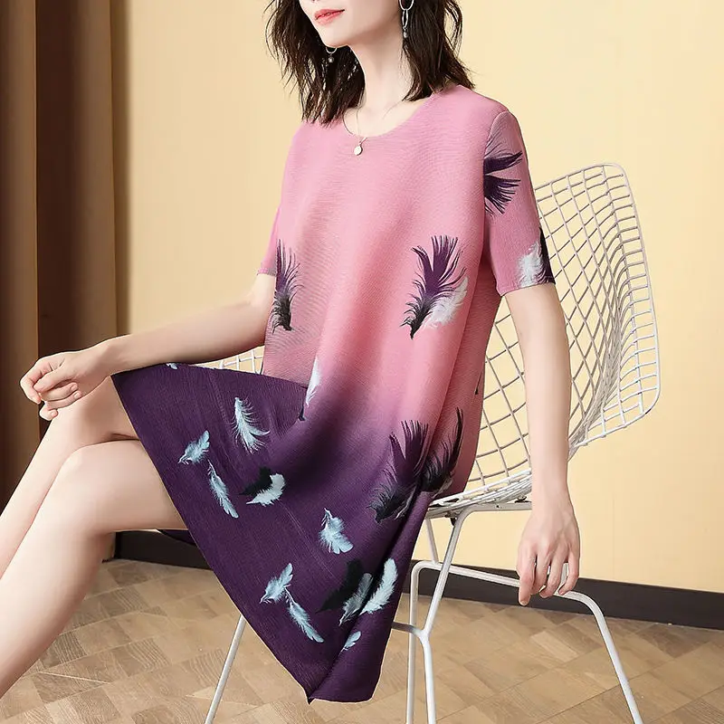 

Женское Повседневное платье, Новинка лета 2021, свободное платье большого размера для мамы, трапециевидная юбка с коротким рукавом и круглым ...