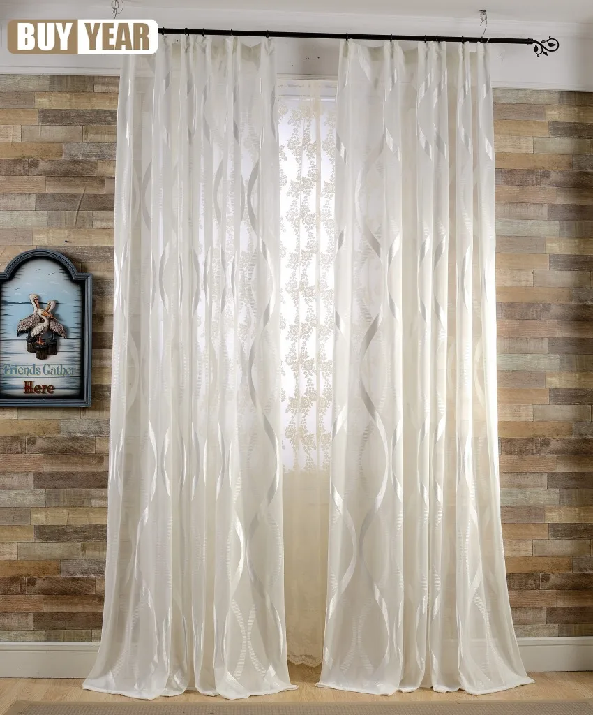 

White Tulle Curtains for Living Room Bedroom Brown Wavy Stripes Sheer Curtains Modern Solid Decoration Voile Window Treatments