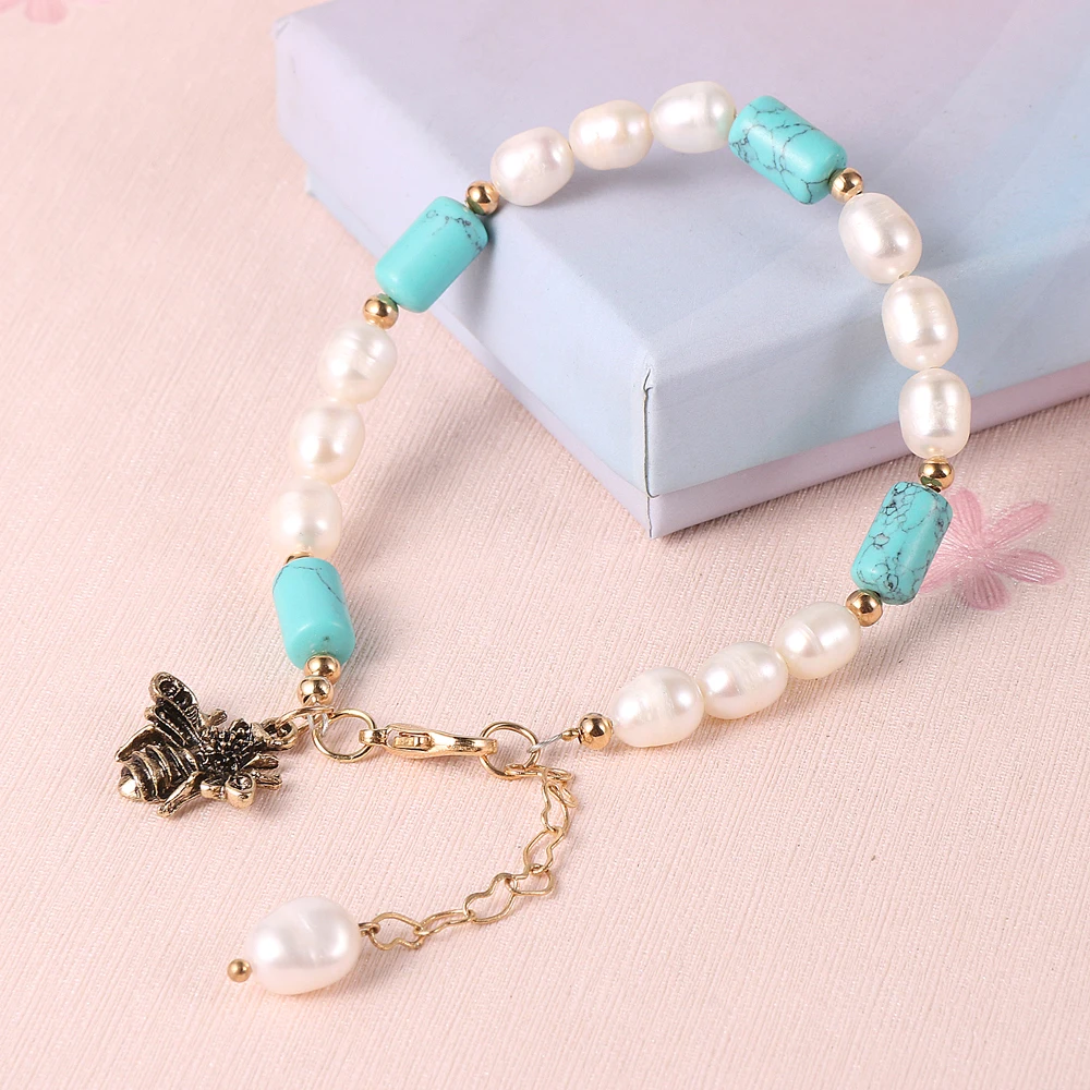 

Natural Stone Pearls Bracelet For Women Alloy Charm Bee Bracelets Onyx Turquoise Agate Pink Crystal Beaded Bangle Resizable