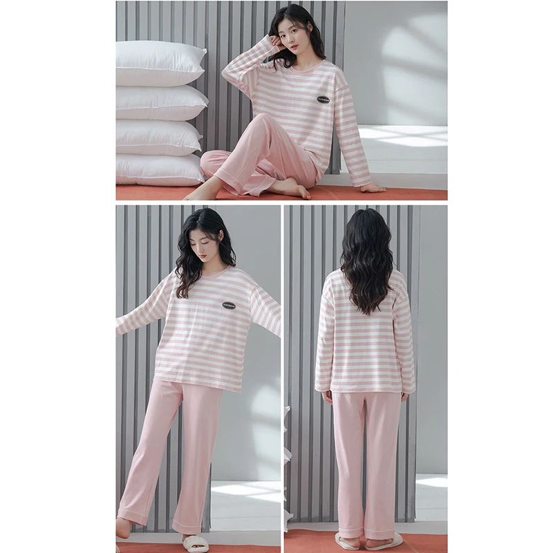 Spring Autumn Women Girl Fashion Pajamas Faux Cotton Feeling Striped Sleepwear Sets