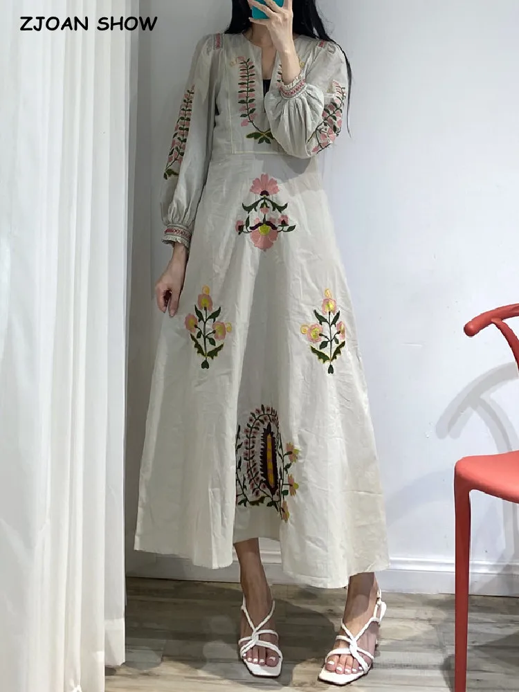 

2022 Vocation Deep V neck Embroidery Flower Midi Dress BOHO Woman Full Puff Sleeve Swing A line Hem Beach Holiday Robe Loose
