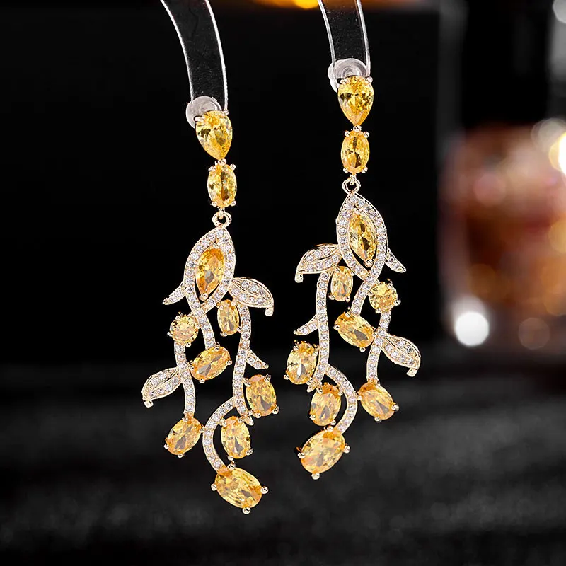 

Newest Luxury Cubic Zirconia Crystal Leaf Long Drop Earrings for Elegant Women Bridal Wedding Jewelry Accessories Gift Fashion