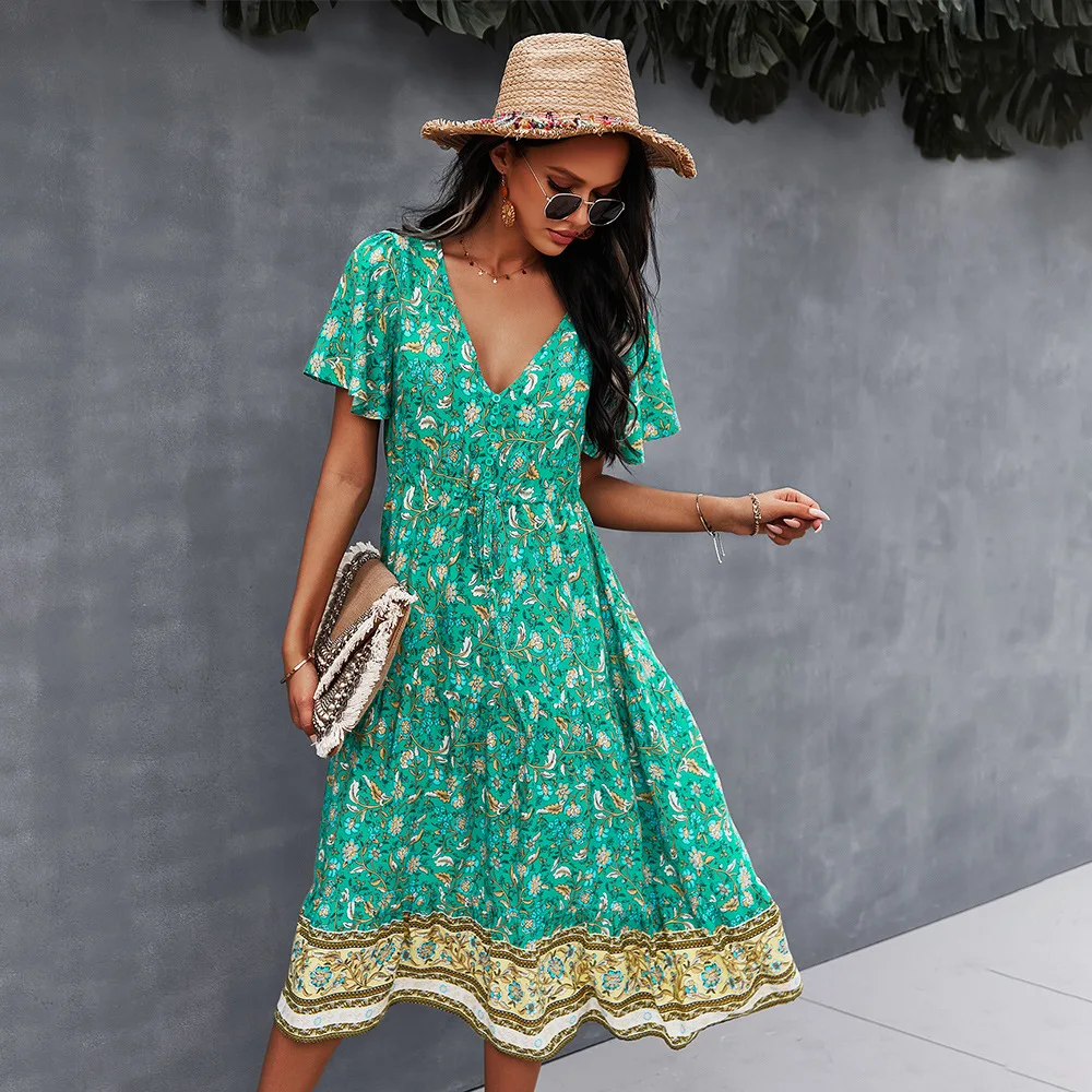 

Printed Dress Spring/summer 2022 V-neck Short Sleeve Bohemian Style