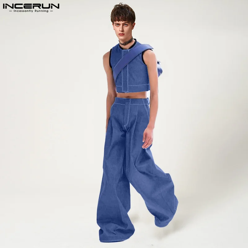 

2023 Men Casual Sets Solid Streetwear O-neck Sleeveless Crop Vests & Wide Leg Pants 2PCS Loose Men Leisure Suits S-5XL INCERUN