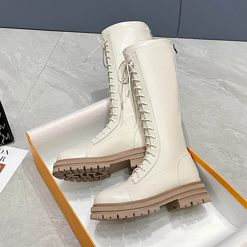 

Женские высокие сапоги из искусственной кожи, черные сапоги до колена на платформе со шнуровкой, Осень-зима 2022