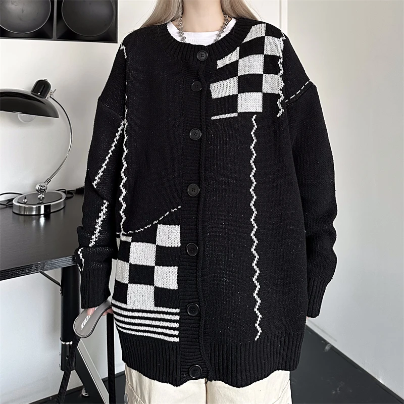

Женский винтажный цветной шахматный свитер, кардиган на весну и осень, уличная Женская тонкая вязаная куртка унисекс с длинным рукавом для пар