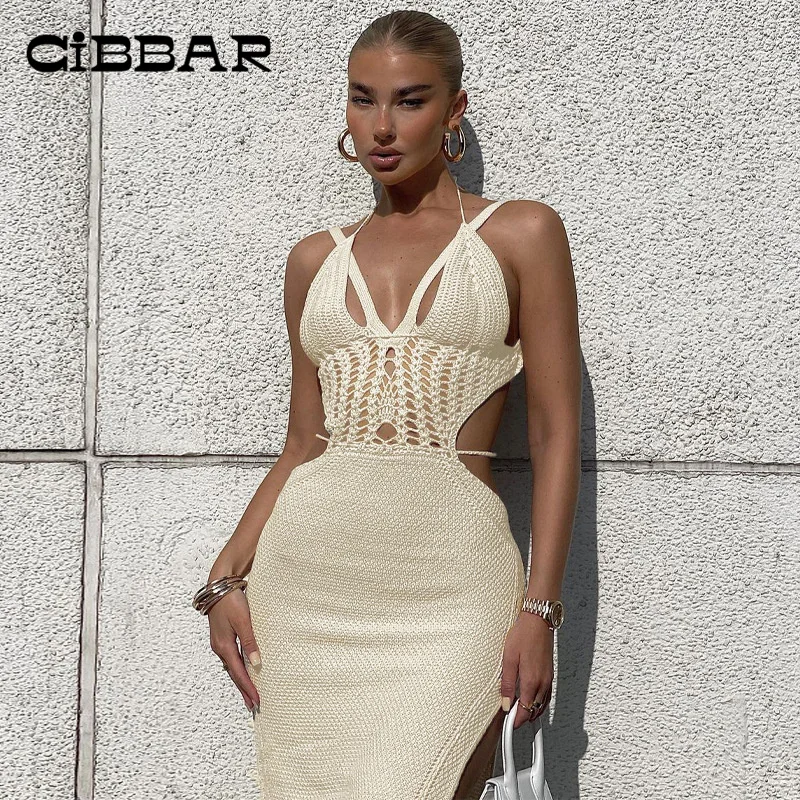 

CIBBAR Sexy Knitted Translucent Knee-Length Dresses Party Evening Skinny Bandage Deep V Neck Sundress Summer Slits Outfits Lady