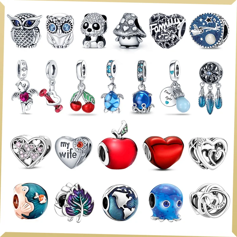 

925 Silver Owl Panda Shop dream Net with blue zircon suitable fit original Pandora chrams beads pendant women's DIY jewelry gift