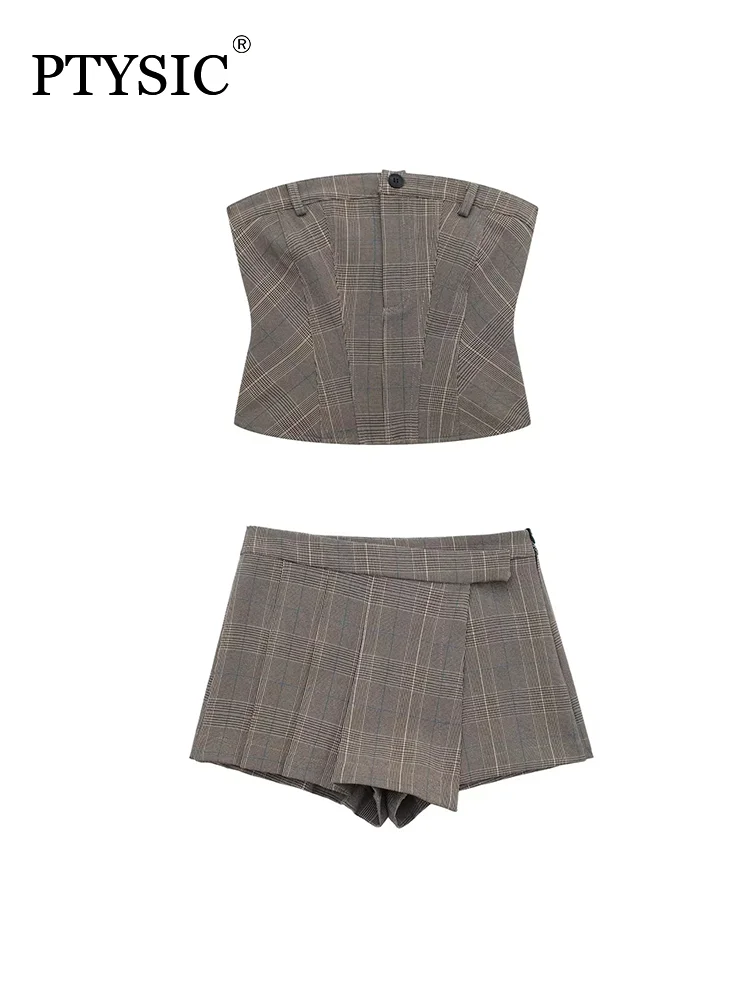 PTYSIC Women Fashion Corsetry-Inspired Check Top With High Waist Short 2 PCS Set Sexy Girls Streetwear