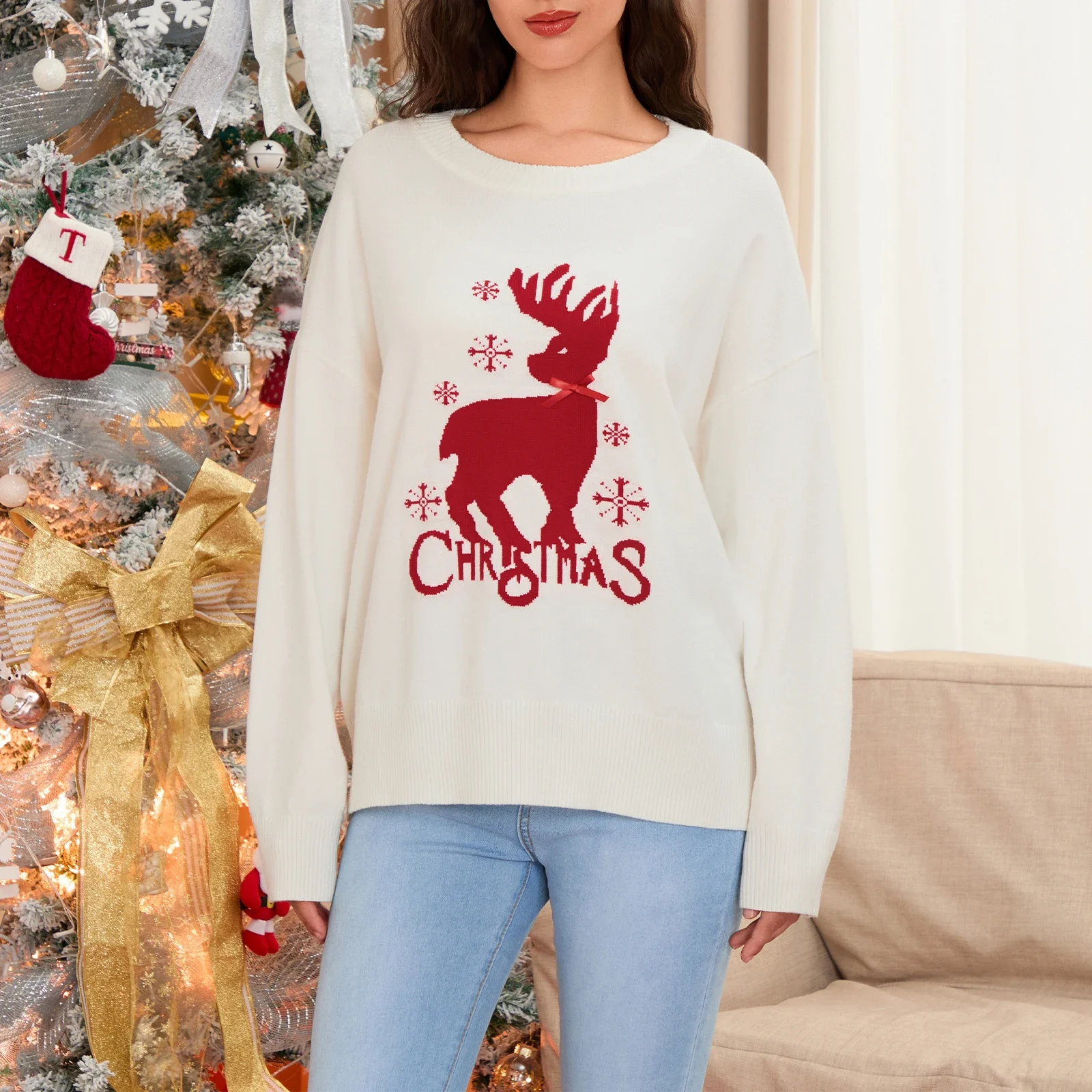 Шиповое дерево женские модные рождественские свитера с оленями и бантом