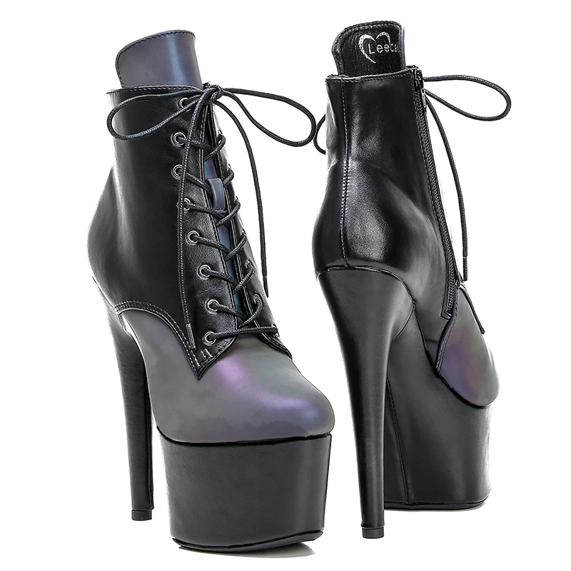 Leecabe 17CM/7Inches black platform with Shinny two colour upper High Heel platform Boots Closed toe  Pole Dance boot