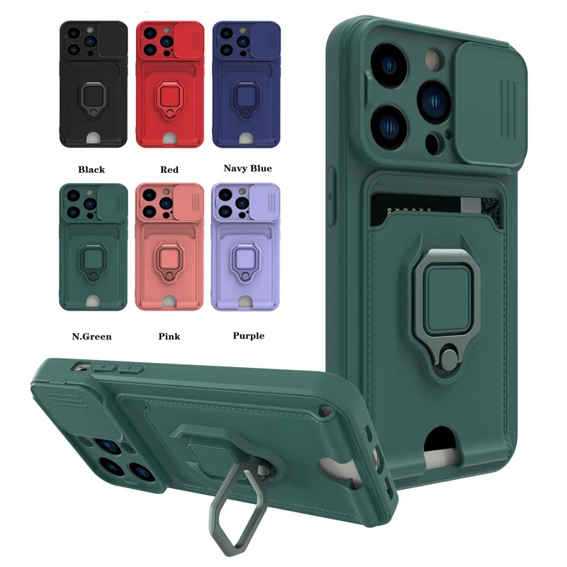 

Magnetic Ring Holder Card Bag Phone Case For iPhone 14 13 11 12 Pro Max XS Max XR 13Pro 14 Plus 11 Slide Lens Protection Cover