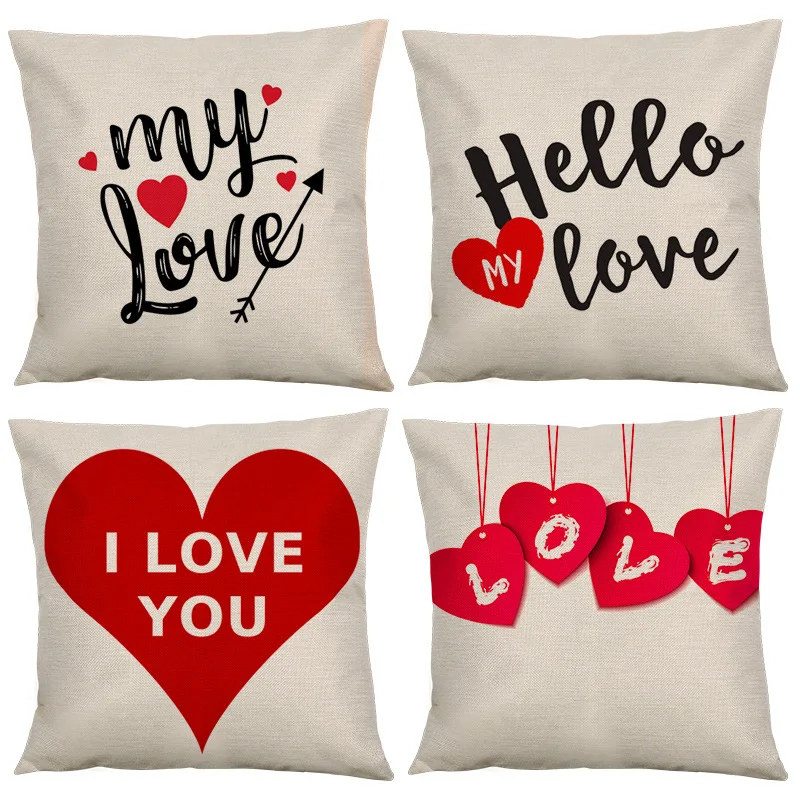 

4Pcs Love Pillowcase Valentine's Day Cushion Cover Decorative Sofa Cushions Throw Pillows Cover Flax Home Decor