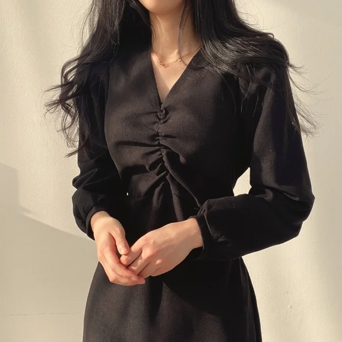 Женское платье корейское шикарное зимнее Плиссированное Платье с V-образным