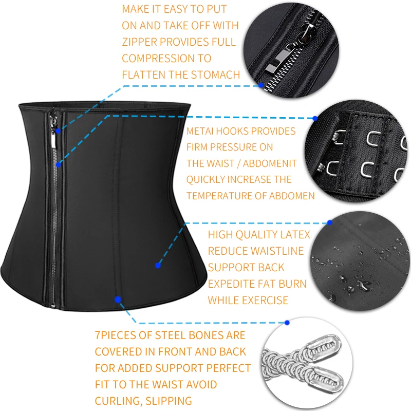 Women Latex Waist Trainer Body Shaper Corsets with Zipper Tummy Control Cincher Top Slimming Belt Black MISS MOLY Shapewear Faja