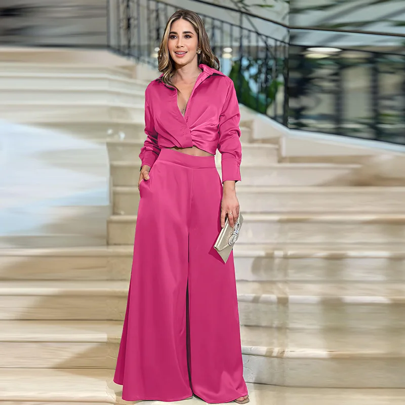 

Женский плиссированный комплект из двух предметов, рубашка с V-образным вырезом и длинным рукавом, широкие брюки, повседневный однотонный костюм, весна-осень