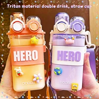 square double drink pc cup tritan material childrens straw cup cute baby bottle student portable water bottle girl water cup