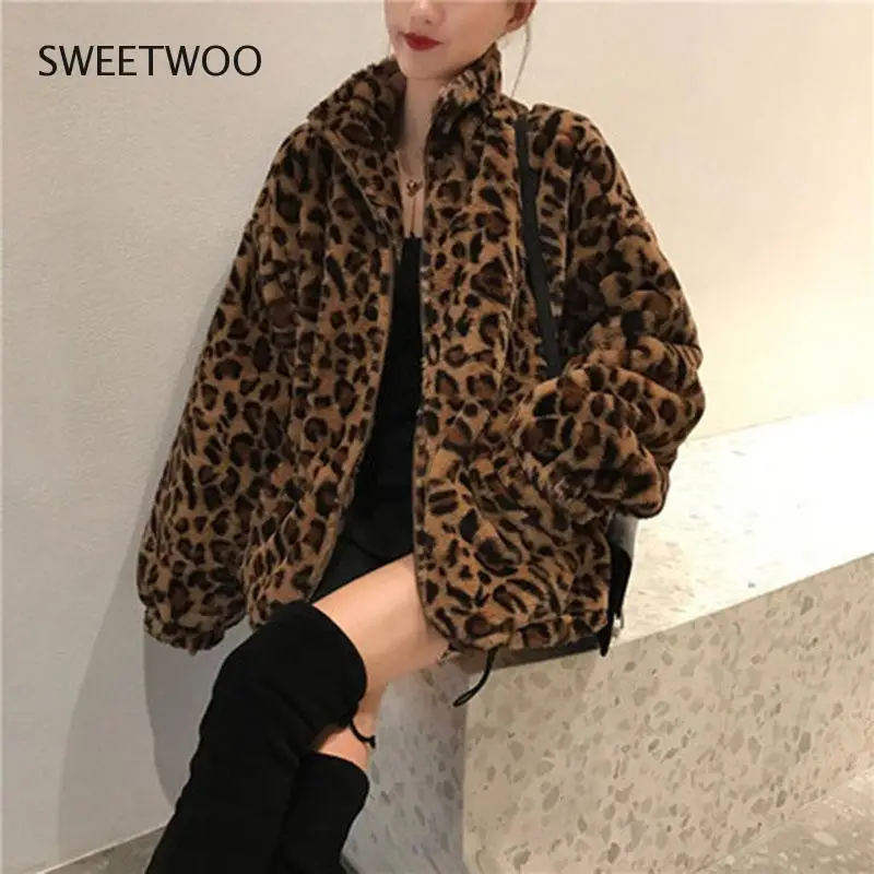 Winter Leopard Print Jacket Women's Stand Collar Warm Parkas Outwear 2021 New Autumn Winter Korean Female Loose Faux Fur Coats