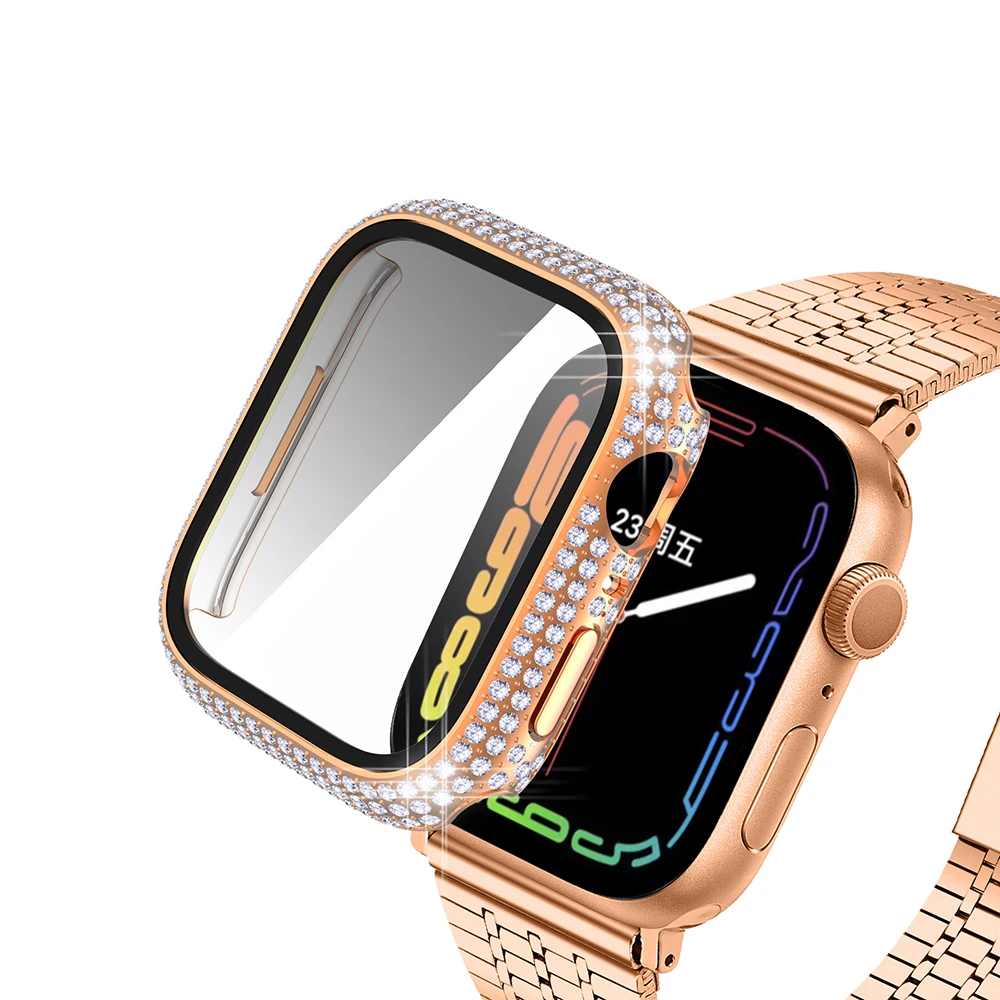 Full Diamond Protective Cover for Apple Watch 8 7 41mm 45mm Accessories Diamond Screen Protector Tempered Glass for Iwatch 8 7