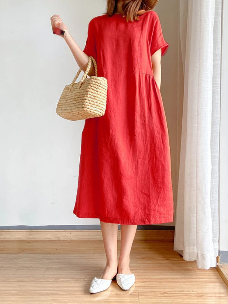 

Платье-миди женское свободного кроя, повседневная однотонная хлопково-льняная рубашка-трапеция с коротким рукавом, в стиле оверсайз, на лето