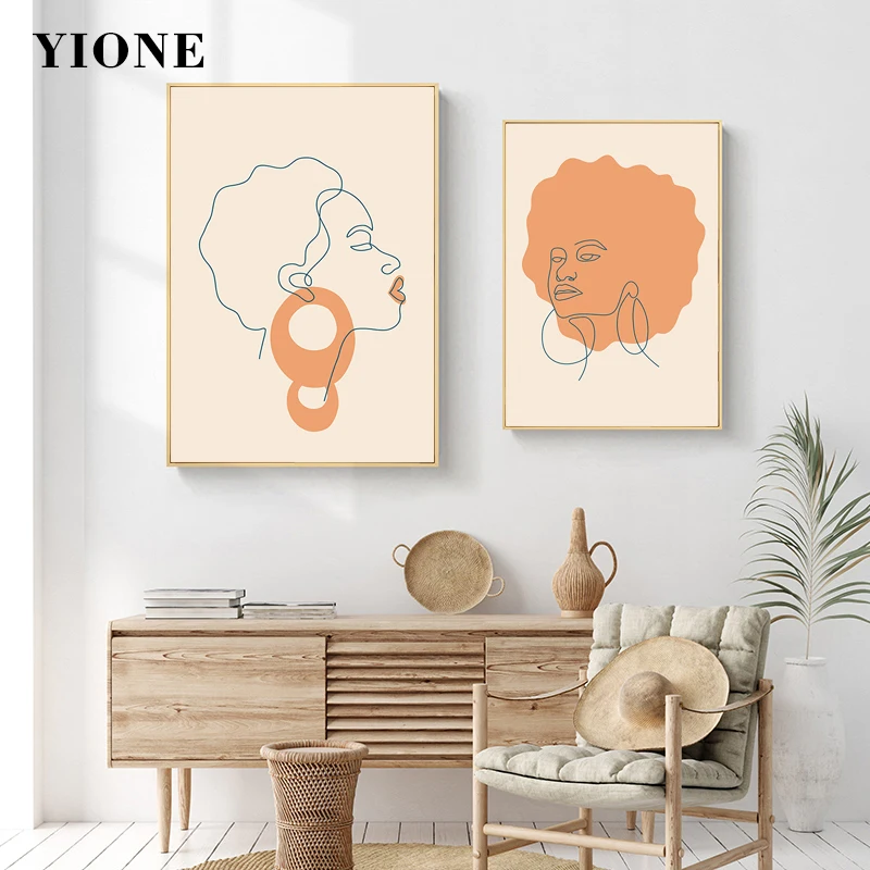 

Orange Art Black Woman Canvas Paintings Abstract African Girl Head Lines Wall Pictures Print Poster for Living Room Home Decor