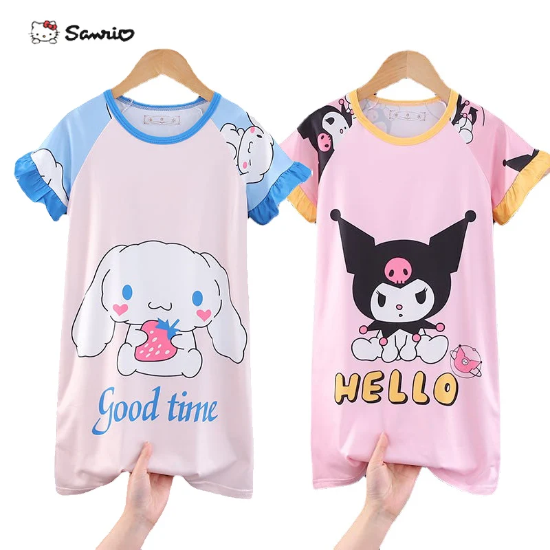 

Sanrio Children Cartoon Pajama Dress Fashion kawaii Cinnamoroll Kuromi Anime Print Casual Comfortable Summer Thin Nightgown
