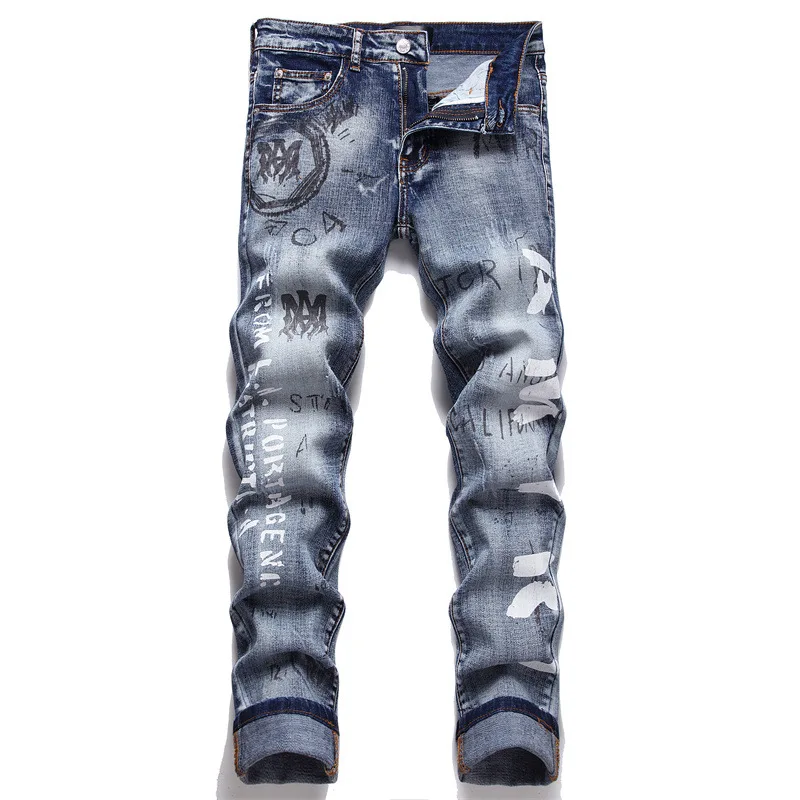 

Мужские джинсы с дырками в стиле ретро, облегающие джинсы, новинка, модные Стрейчевые джинсовые брюки, высококачественные мужские облегающие джинсовые брюки, размер 38
