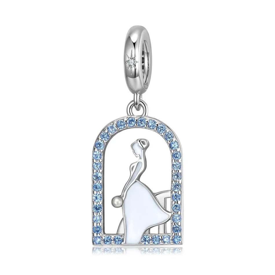 

Blue CZ Girl in White Dress Dangle Charm fit Women Bracelet Necklace Lady Girl DIY Jewelry Gift S925 Sterling Silver Bead