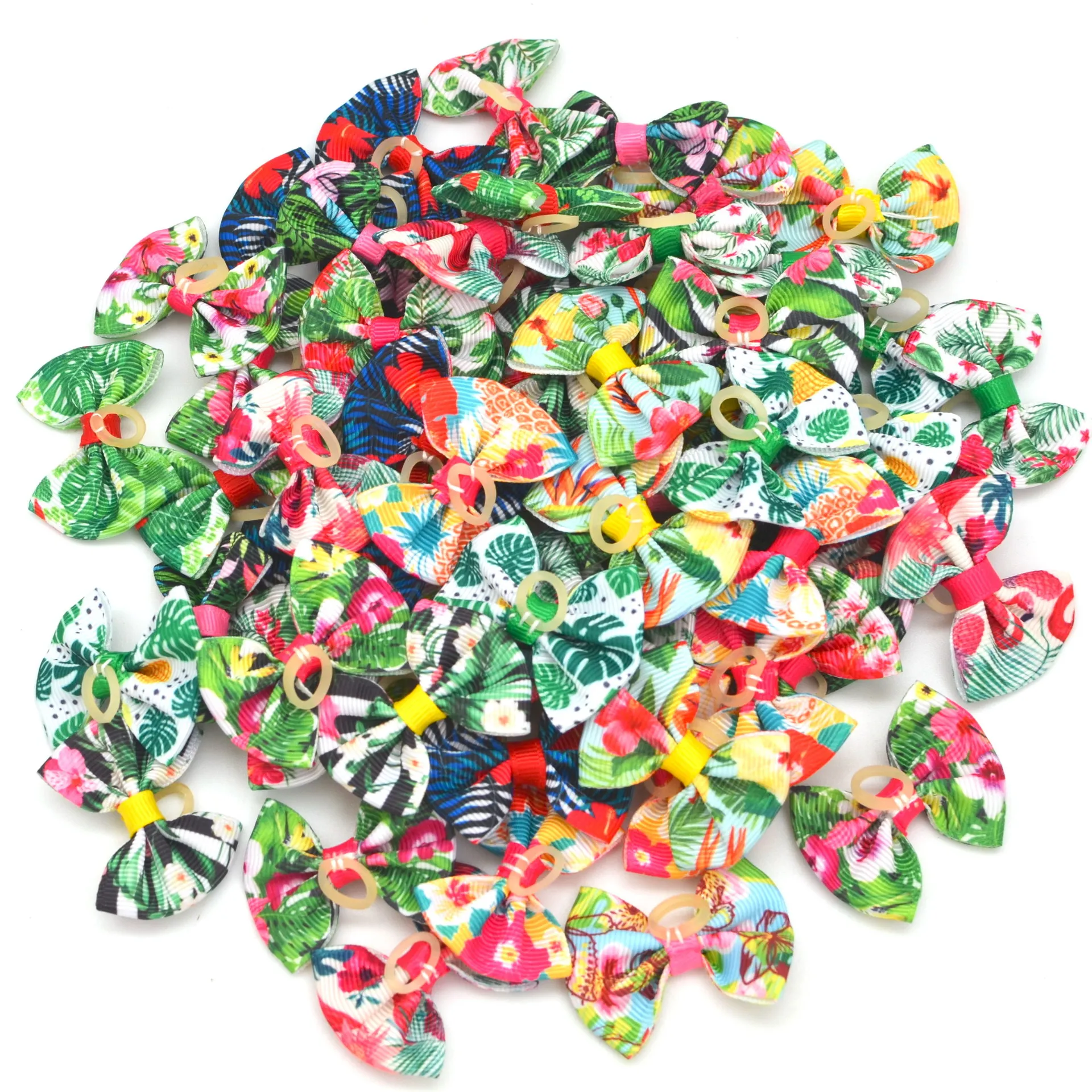 

50 or 100pc/lot Hawaii style Summer Flamingo Pet Dog Hair Bow with Elastic Rubber Band Pet Hair Accessories Grooming GY4091