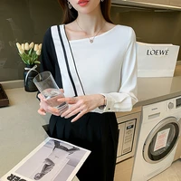 clavicle panel top long sleeve chiffon shirt vintage print office lady blouse female color matching casual korean women loose