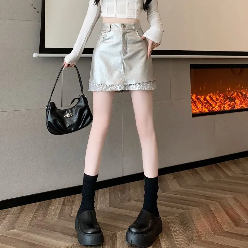 2024 женская модная мини-юбка с передними карманами и блестками винтажная