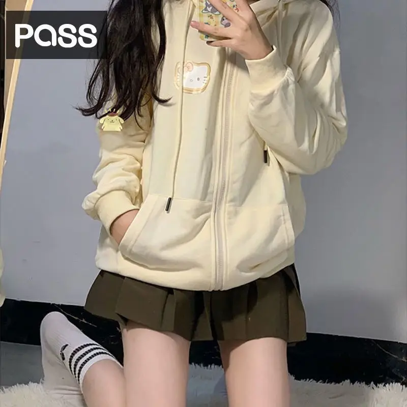 

Kawaii Sanrio Hello Kitty Y2K Cute Anime Hoody Top Women's Hoody College Style Zipper Sweatshirt Blouse Springs Jacket Christmas
