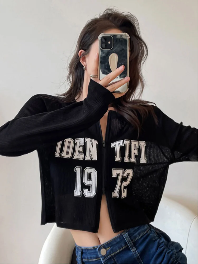

Women Letter Print Zipper All-match Elegant Long Sleeve Sun Protection Thin Knit Cardigans Cropped Tops Mujer Y2k Slim Outwear