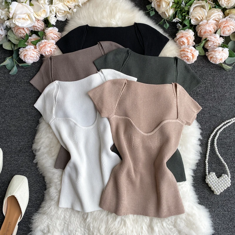 

Women V-neck Knitted Short Sleeve Draw String T-shirts Crop Tops Girls Knitting Stretchy Cropped Sheath Tee Shirts For Female