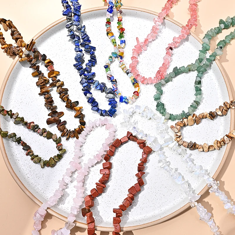 

Natural Stone Beads Necklaces for Women Men Irregular Geometric Rainbow Pendant Chain Silver Color Adjustable Party Jewelry