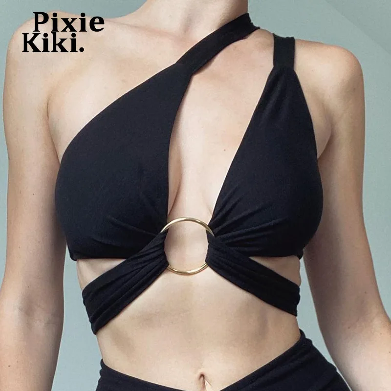 Пикантная майка PixieKiki с металлическим кольцом перекрестной лямкой через шею