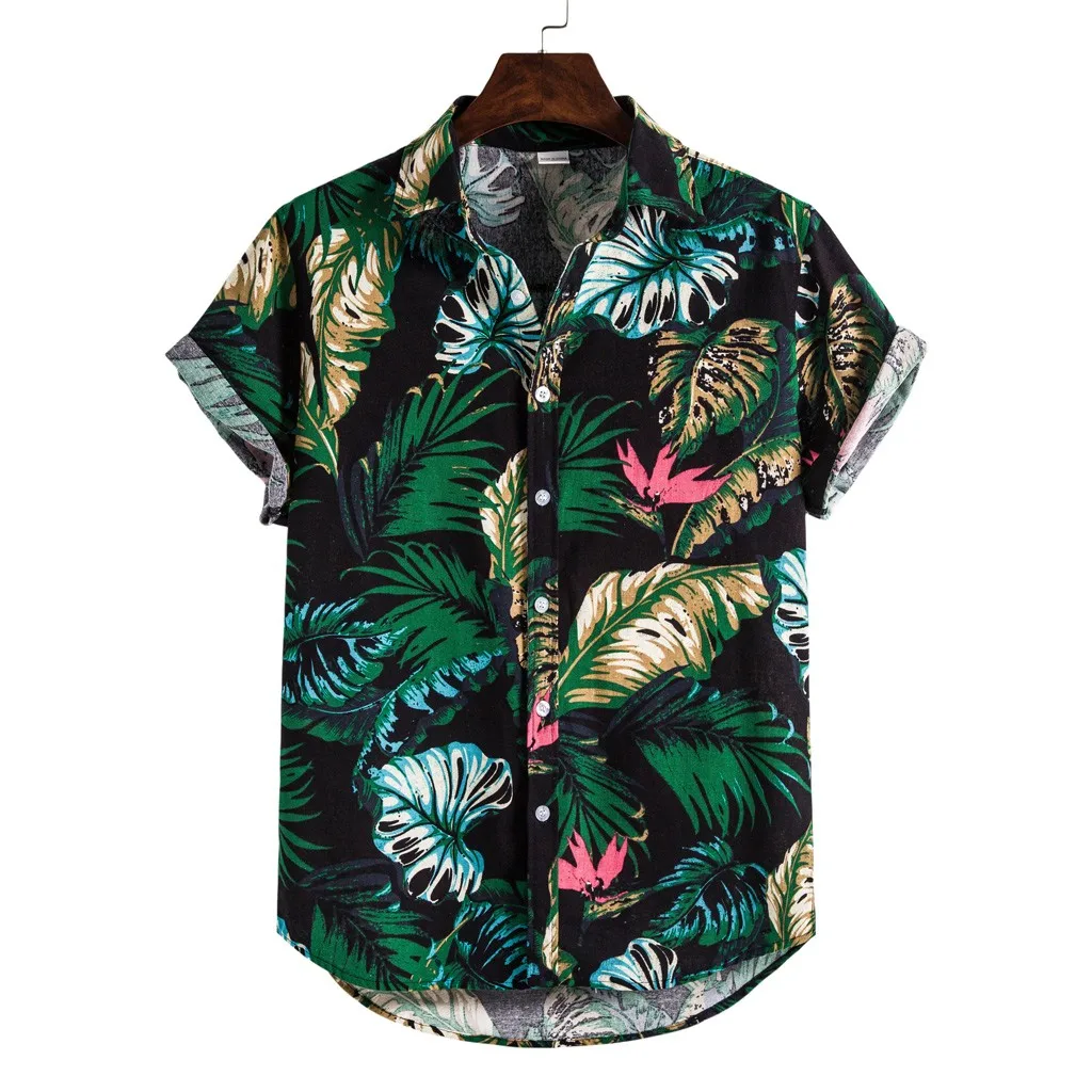 

Hawaiian Shirts Mens Tropical Floral Green Leaves Beach Shirt Summer Short Sleeve Vacation Clothing Casual Hawaii Shirt Men Tops