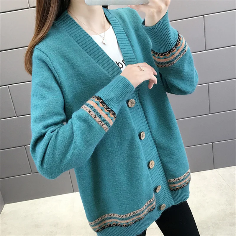 

Autumn Spring New Fashion Patchwork Long Sleeve V-Neck Knit Sweater Women Tops Loose 4 Color Knitted Cardigan Jacket Coat Female