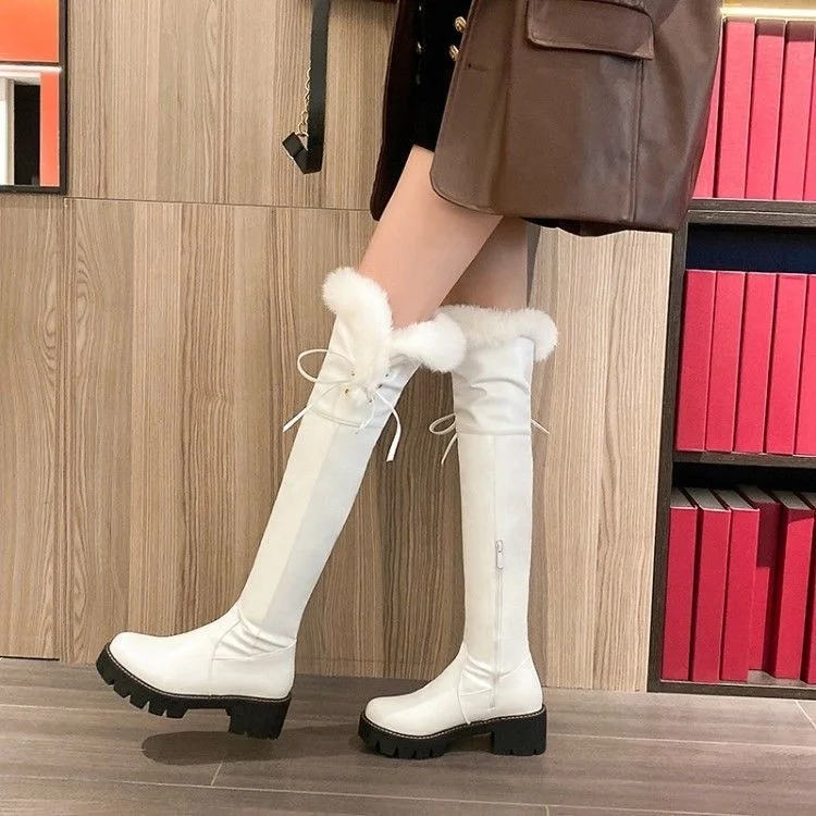 

Зимние новые белые сапоги выше колена в европейском и американском стиле на толстой подошве с плюшевой подкладкой и длинными подкладками, у...