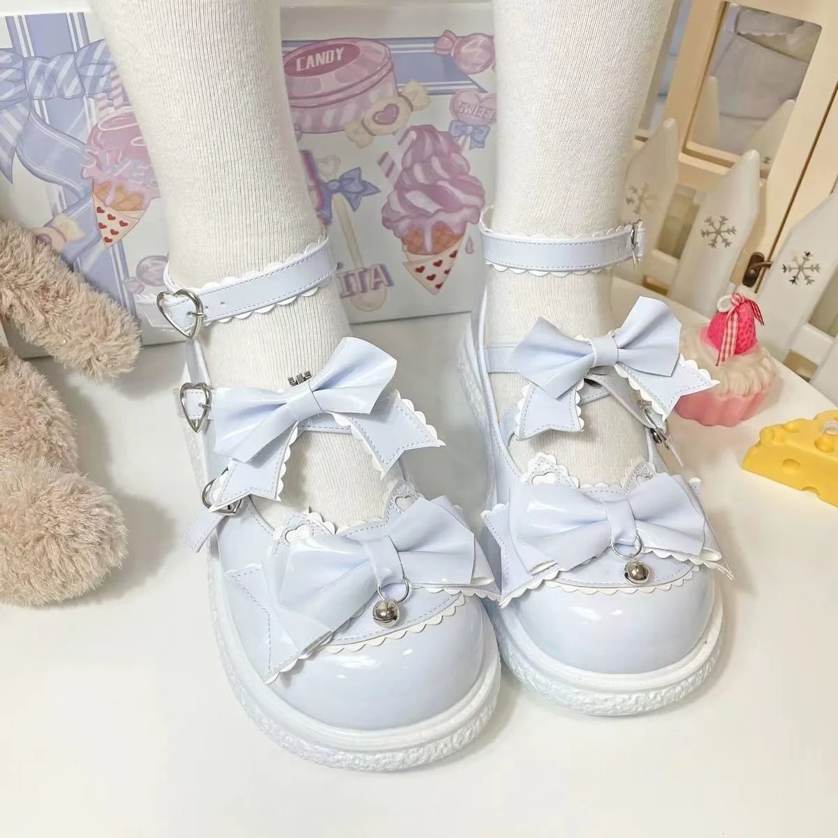 

Kawaii Girls Lolita Shoes Fashion Japanese Style PU Patchwork Mary Janes Bowknot Lovely Heart Buckle Solid Zapatillas Mujer