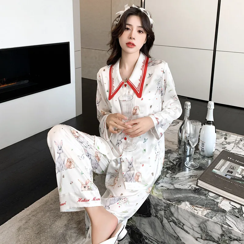 Pajamas Women's Ice Silk Long Sleeve Printed Home Fur Spring and Autumn Thin Imitation Silk Large Set