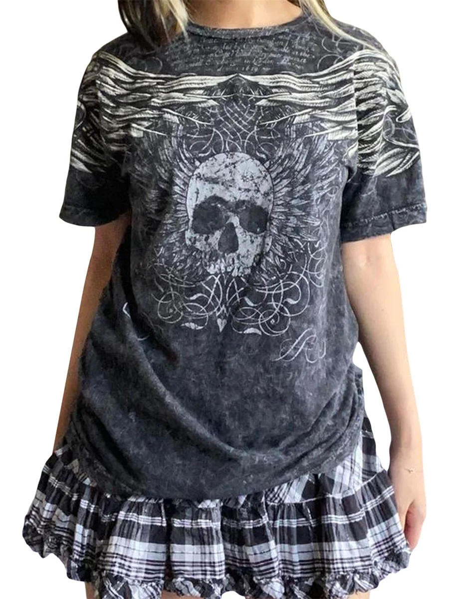 Womens E-Girls Short Sleeve T-Shirt Y2k Graphic Skull Print Crop Tops Crewneck Fairy Grunge Tee Tops Aesthetic Summer Clothes