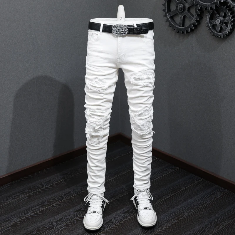 High Street Fashion Ripped Jeans Men Patched Designer Black Elastic Hip Hop Brand Pants Hombre Stretch Skinny Punk Jeans Homme