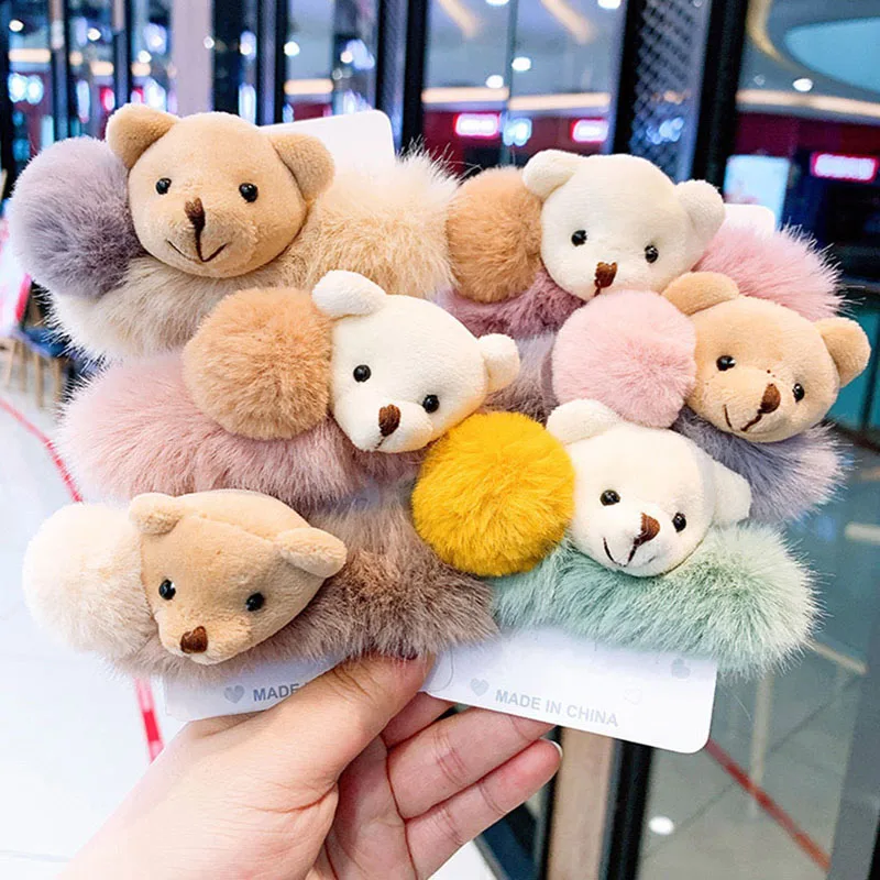 Cute Teddy Bear Furry Elastic Hair Bands Korean Lovely Colorful Headbands Ponytail Holder For Women Girls Fur Hair Accessories