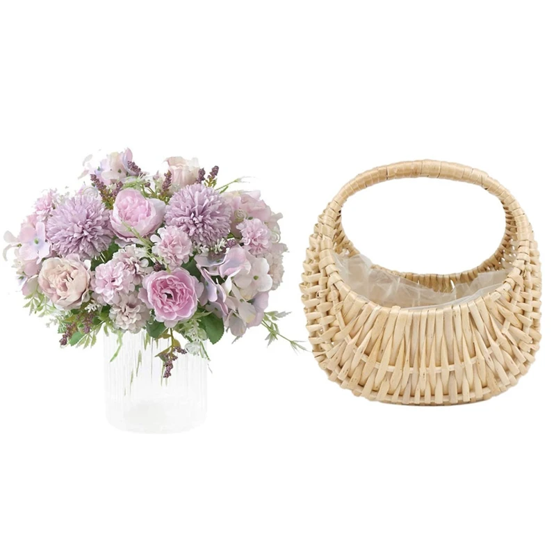 

2X Artificial Flowers Fake Peony Silk Hydrangea Bouquet Decor & 1X Mini Portable Flower Basket