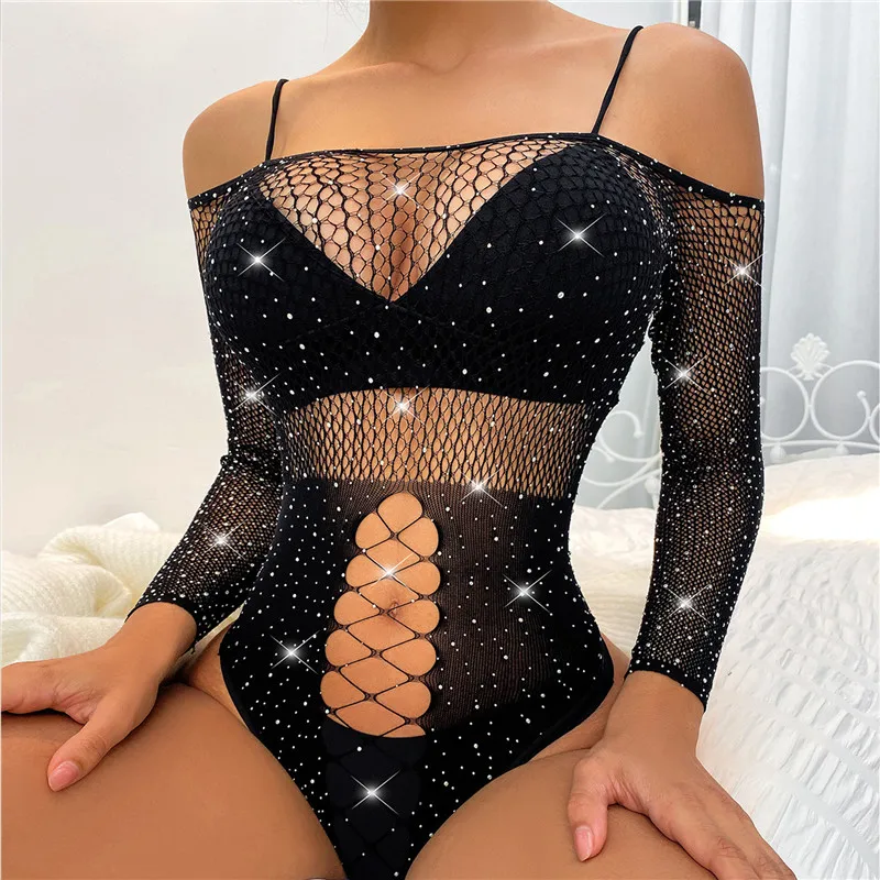 

Соблазнительное соблазнительное эротическое белье, женское облегающее черное Сетчатое платье с яркими бриллиантами, удобный женский кост...
